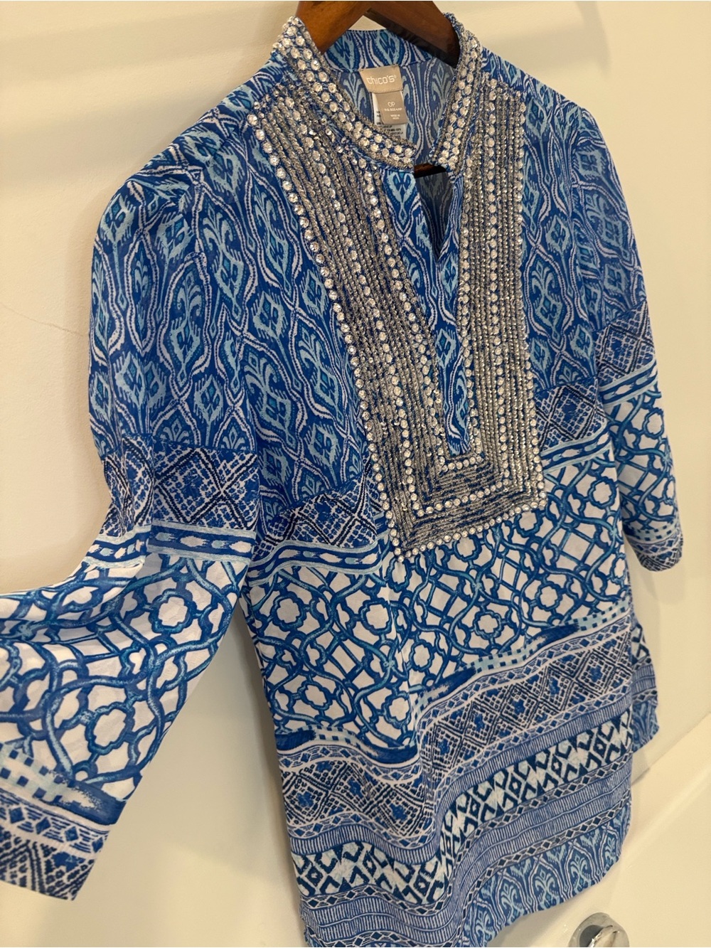 Chico’s Seaside Scroll Chiffon Kurta Tunic 0P NWT Embellished Blue